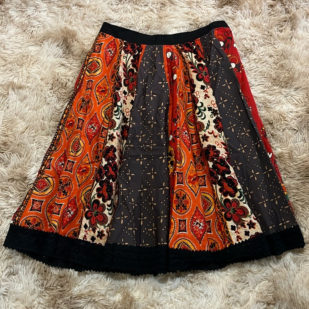 Bohemian Patchwork Midi Skirt in Orange and Black